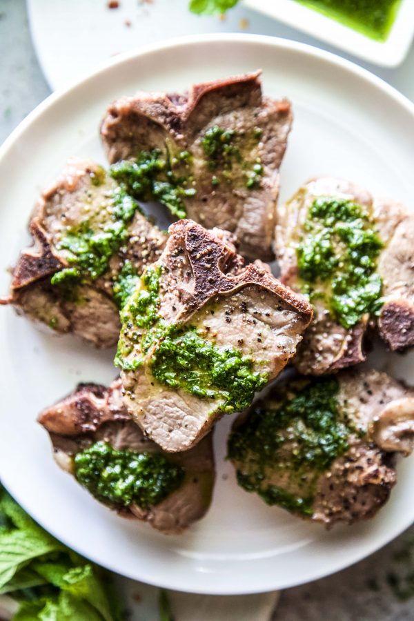 SEARED LAMB LOIN CHOP WITH SPINACH SALSA VERDE